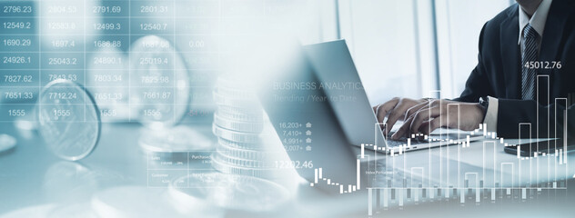 Business, finance, banking and investment concept. Finance analyst analyzing and calculating financial data with economic graph growth chart, Business strategy and planning for investment