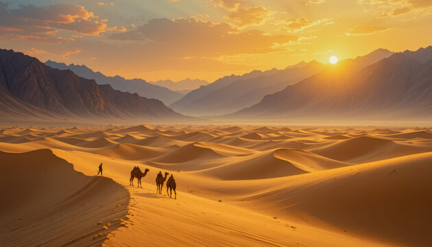 A stunning desert landscape at sunset features a traveler with camels traversing the dunes, mountains in the background, and a golden sky. - Powered by Adobe