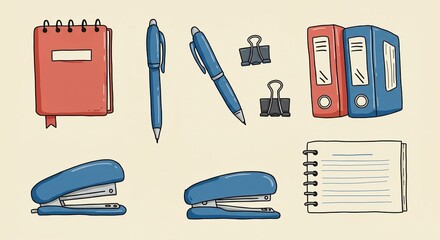 Charming collection of essential office supplies including notebooks, pens, binders, staplers, and clips, perfect for creative projects and organizational themes