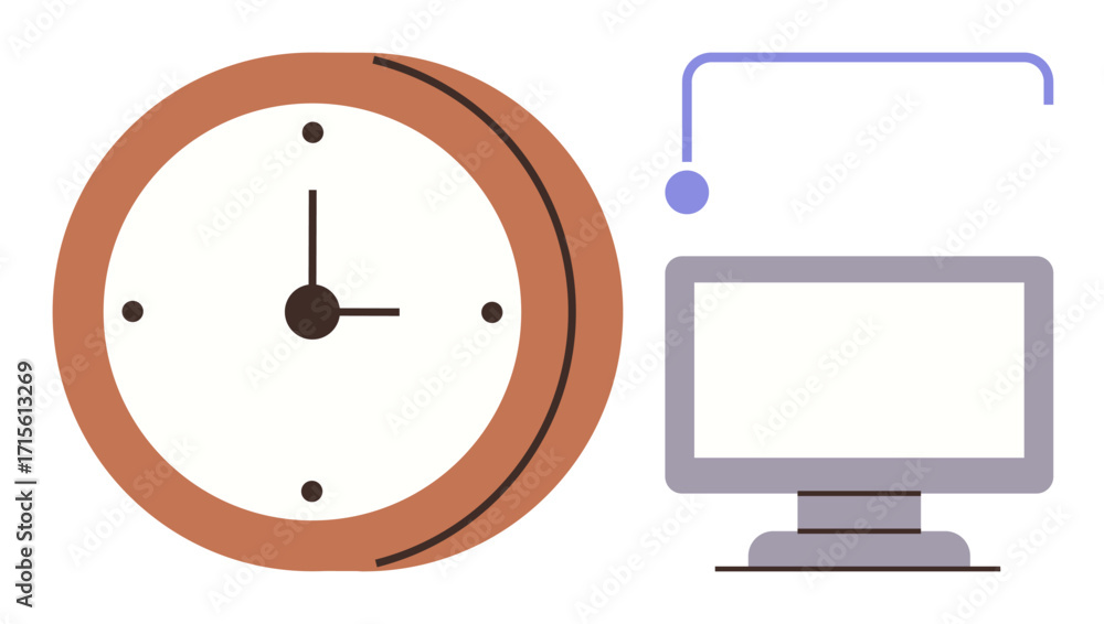 Poster analog clock and monitor with connector highlighting time tracking, efficiency, and multitasking. id