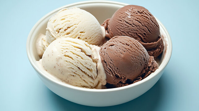 Bowl with alternating scoops of plain and chocolate almond milk ice cream, smooth contrast in colors and creamy appearance, on solid soft blue background,