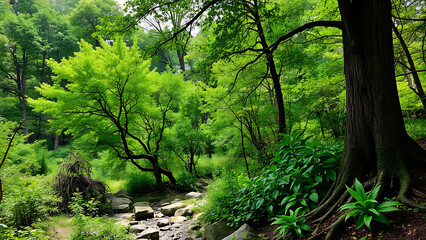 Obraz premium Lush green forest canopy with sunlight filtering through the trees onto a rocky stream bed below