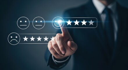 Customer satisfaction survey with hand pointing to five star rating on the screen