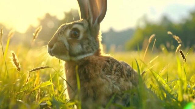 Rabbit in Meadow: Close-Up of Wild Hare in Grass