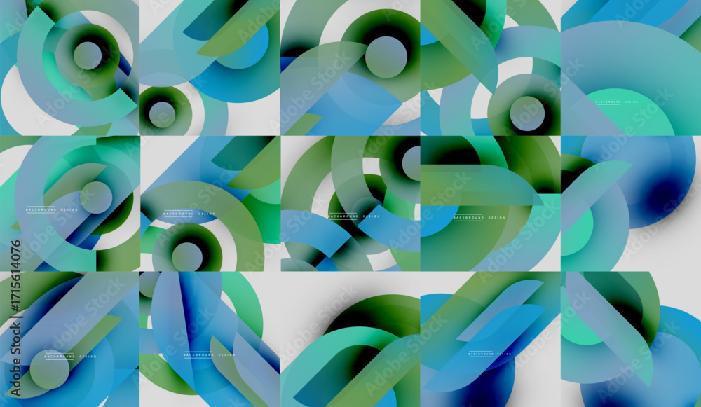 Poster abstract geometric patterns, vibrant blues, greens. overlapping circles create dynamic visual textur