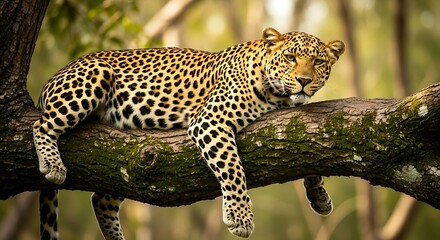 Obraz premium Majestic Leopard Rests on a Mossy Tree Branch in African Wilderness