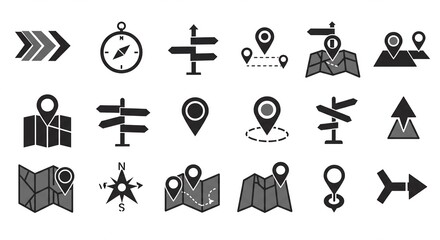 Navigate your journey with stylish map icons, compass, and direction signs perfect for travel apps, navigation services, and adventure branding