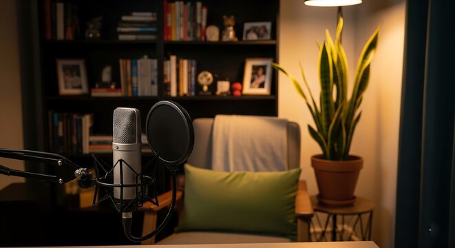 Modern home studio setup featuring a professional microphone for podcast and audio recording production