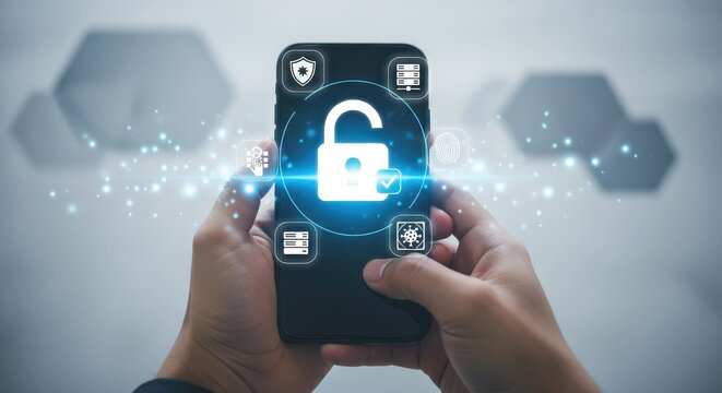 Smartphone with unlocked padlock icon for cyber security and data protection