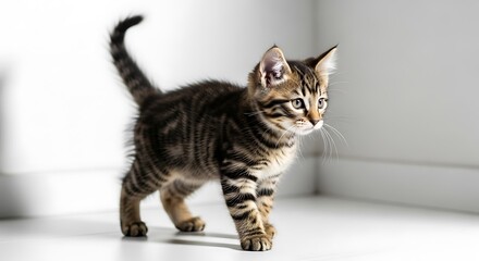 Adorable Tabby Kitten with Striking Stripes Walking Playfully