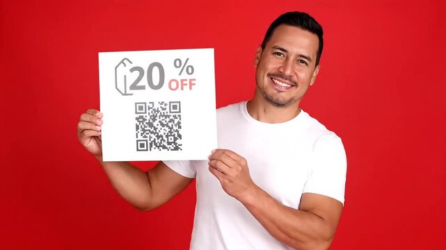 Excited man flashing 20% off coupon with QR code, driving sales and customer engagement