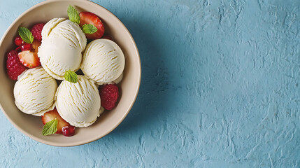 Overhead shot of neatly placed scoops of almond milk ice cream with fresh fruit on the side, beige bowl on a textured pastel blue surface,