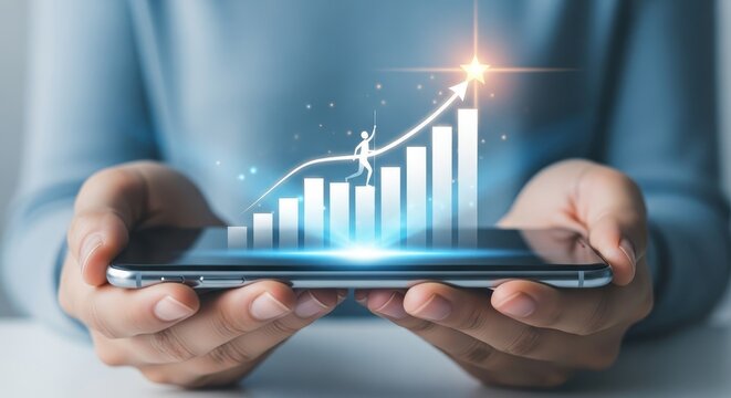 Businessman holding smartphone with virtual graph chart for business growth concept