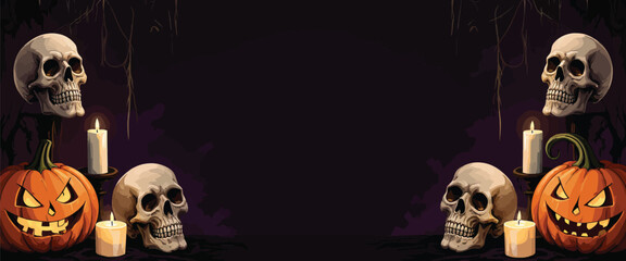 Spooky Halloween scene with glowing jack o lanterns, skulls, and candles, perfect for seasonal promotions