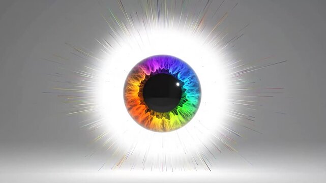 Rainbow Eye with Light Rays on Gray Background