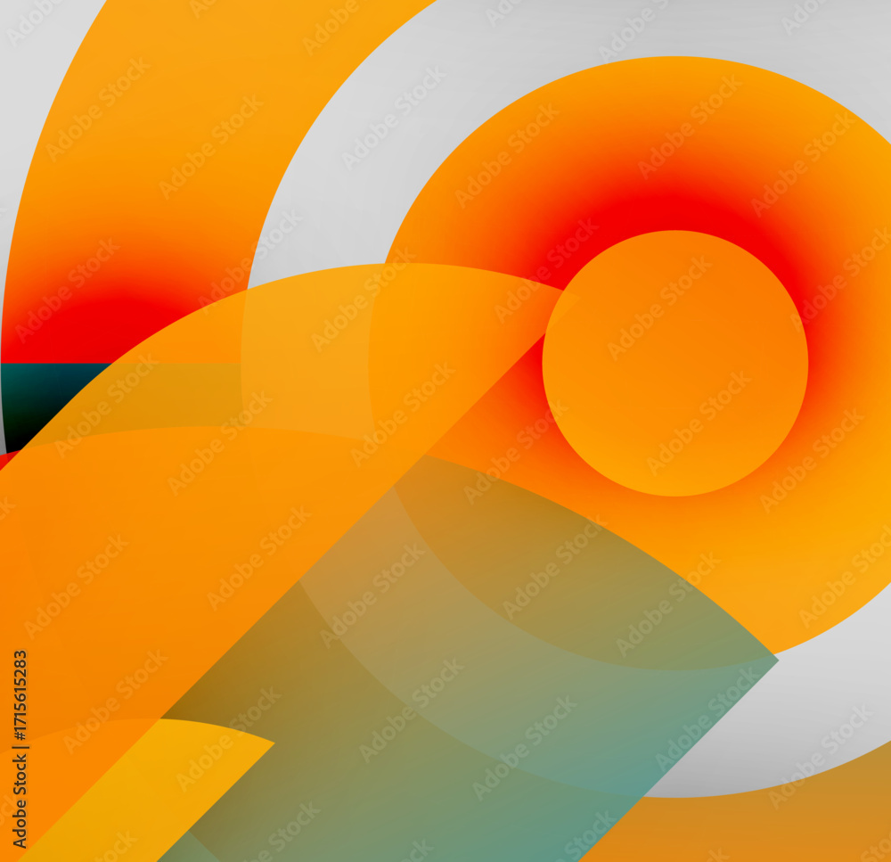 Poster abstract composition featuring overlapping orange, red, white shapes. gradient hues create depth, dy