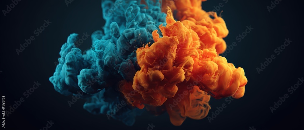 Poster Orange and turquoise ink clouds elegantly merge in a mesmerizing dance against a dark backdrop, creating a vibrant, ethereal display.