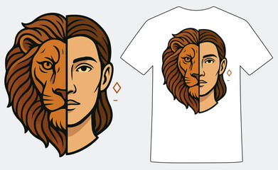Human Lion Fusion Vector Design, Surreal Half Face Lion Illustration, Bold Human-Lion Symmetry Art, Animal Spirit Fusion T-Shirt, Tribal Lion-Human Vector Portrait
