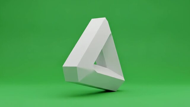 A white impossible triangle sculpture on a green background