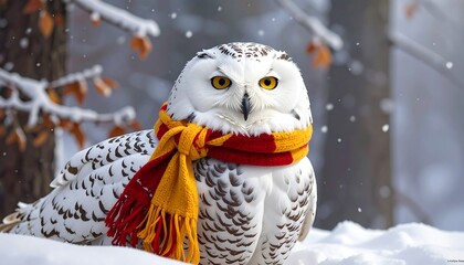 Snowy owl adorned with winter scarf in a snowy landscape