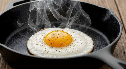 Steaming Fried Egg in a Cast Iron Skillet for Breakfast
