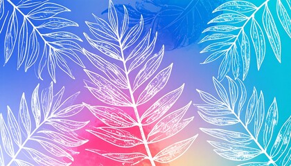 Obraz premium Abstract background with white outlined tropical leaves on a vibrant gradient