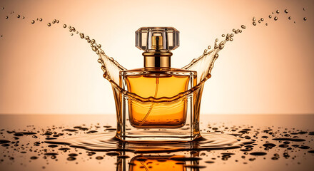 Elegant Perfume Bottle with a Dynamic Liquid Splash and Droplets