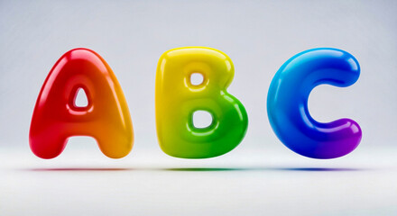 Three inflatable, glossy letters A B and C in vibrant rainbow colors float against a soft, gradient background, symbolizing learning and creativity.