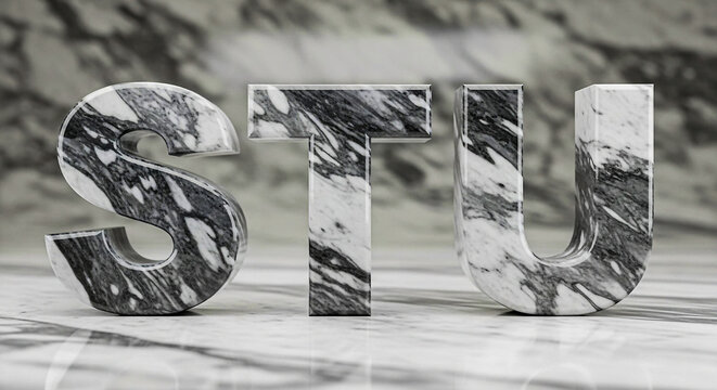 Three dimensional letters S T U crafted from realistic marble texture stand proudly on a matching marble surface, exuding luxury and classic design. - Powered by Adobe