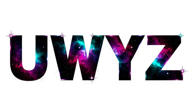 Bold, stylized letters U, W, Y, and Z are filled with a stunning, colorful galaxy pattern, creating a cosmic and abstract visual.