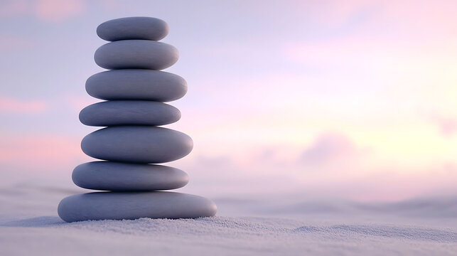 A vertical stack of smooth gray stones balanced perfectly on a sandy surface, with a soft pastel sky fading in the background, - Powered by Adobe