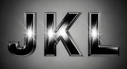 Three bold, three dimensional metallic letters J K and L are displayed prominently with sharp, bright highlights and reflections against a subtle grey gradient.