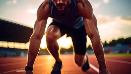 Athlete poised at starting line, ready for race.  Sunset glow illuminates track