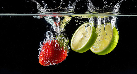 Fresh Strawberry and Lime Slices Splashing in Water with Bubbles
