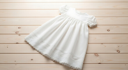 A delicate white christening gown with lace trim on a wooden background