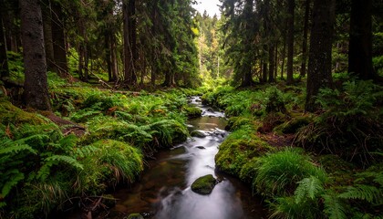 Obraz premium A tranquil woodland stream meanders through a lush forest floor, adorned with vibrant greenery and mossy rocks.
