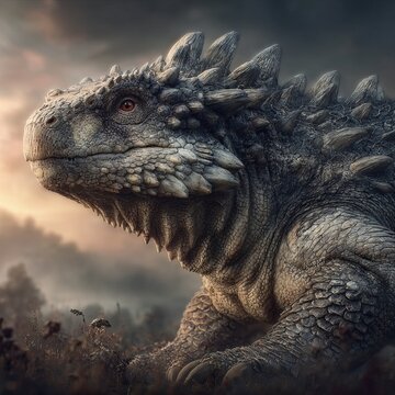 Acanthopholis Dinosaur Realistic Portrait, Armored Cretaceous Ankylosaur Close Up