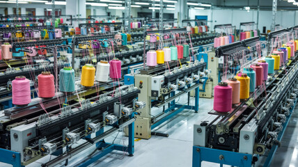 Rows of colorful spools of thread on industrial sewing machines in a textile factory, showcasing mass production textile