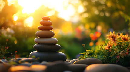 Obraz premium Harmonious stack of river stones centered in frame, background a blurred green garden scene with warm golden hour light,