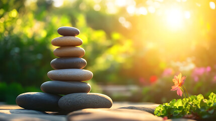 Obraz premium Harmonious stack of river stones centered in frame, background a blurred green garden scene with warm golden hour light,