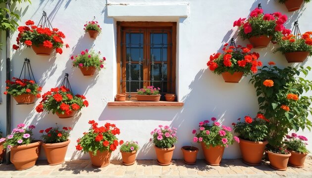 Traditional Spanish house facade adorned with numerous potted plants, including red, pink geraniums. White painted walls feature wooden window with wrought iron bars. Terracotta pots cascade with