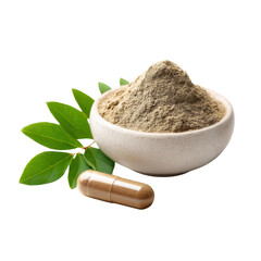 Natural Herbal Remedy Powder in White Bowl with Capsule and Leaves