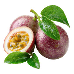 Fresh Passion Fruit Close-Up with Green Leaves on Transparent Background