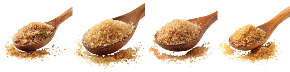 Various Wooden Spoons Filled with Natural Brown Sugar Granules