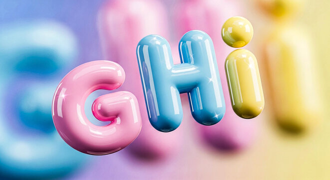 Three inflatable balloon letters G, H, and I in pastel pink, blue, and yellow float against a soft, out-of-focus background.
