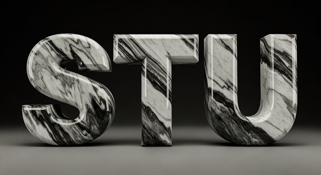 Three distinct letters S T U rendered in a realistic marble texture, presented in a clean, studio-like setting with a subtle gradient background.