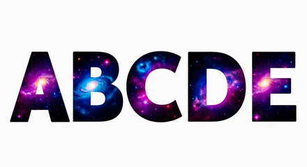 Five large, bold letters A, B, C, D, and E are filled with stunning, colorful galaxy and nebula imagery, set against a clean white backdrop.