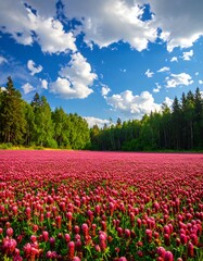 A vibrant expanse of crimson clover flowers fills a field, framed by a lush green forest under a bright, cloud-filled sky.