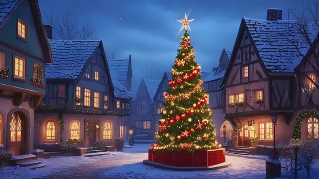 Christmas tree in a snow covered town square with lights on buildings and a star on top christmas tree video
