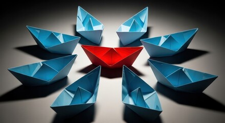Red paper boat leading a group of blue boats, leadership and teamwork concept